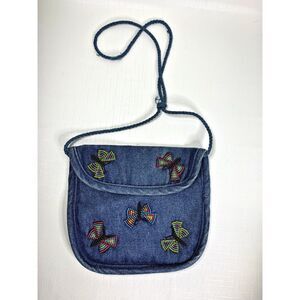 Denim Beaded Crossbody Bag Purse Butterfly Handmade Blue Jean Boho Hippy